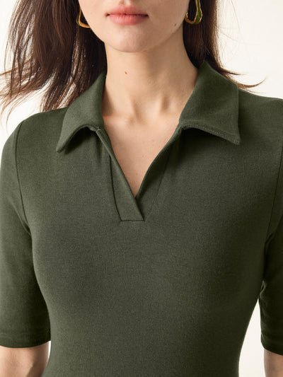 Polo Neck Elbow Length Sleeve Midi Brami Dress with Pockets