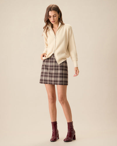 Apricot Ribbed Knit Zip-Up Cardigan