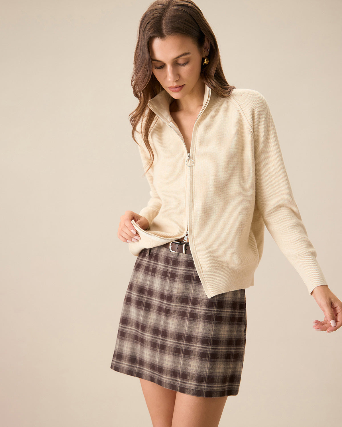 Apricot Ribbed Knit Zip-Up Cardigan