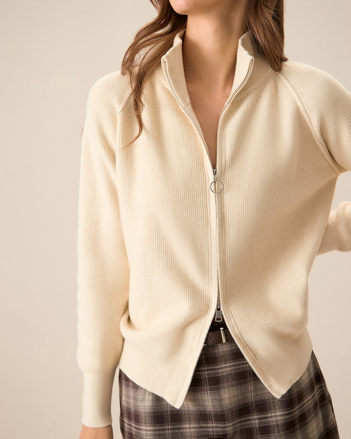 Apricot Ribbed Knit Zip-Up Cardigan