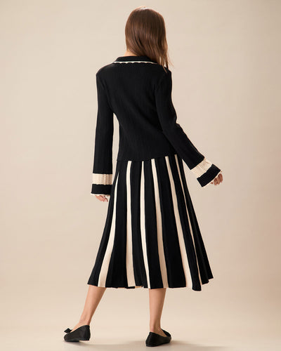 Black Piece Adding Buttoned Ribbed Cardigan