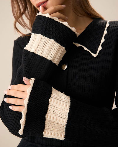 Black Piece Adding Buttoned Ribbed Cardigan