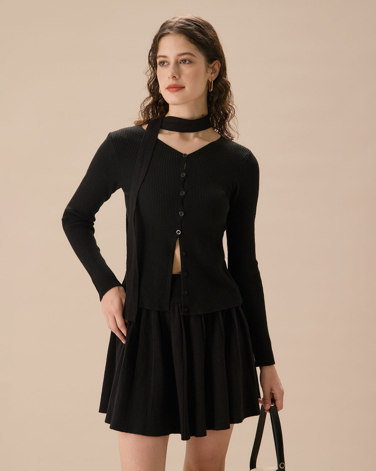 Black Ribbed Knit Slim Cardigan