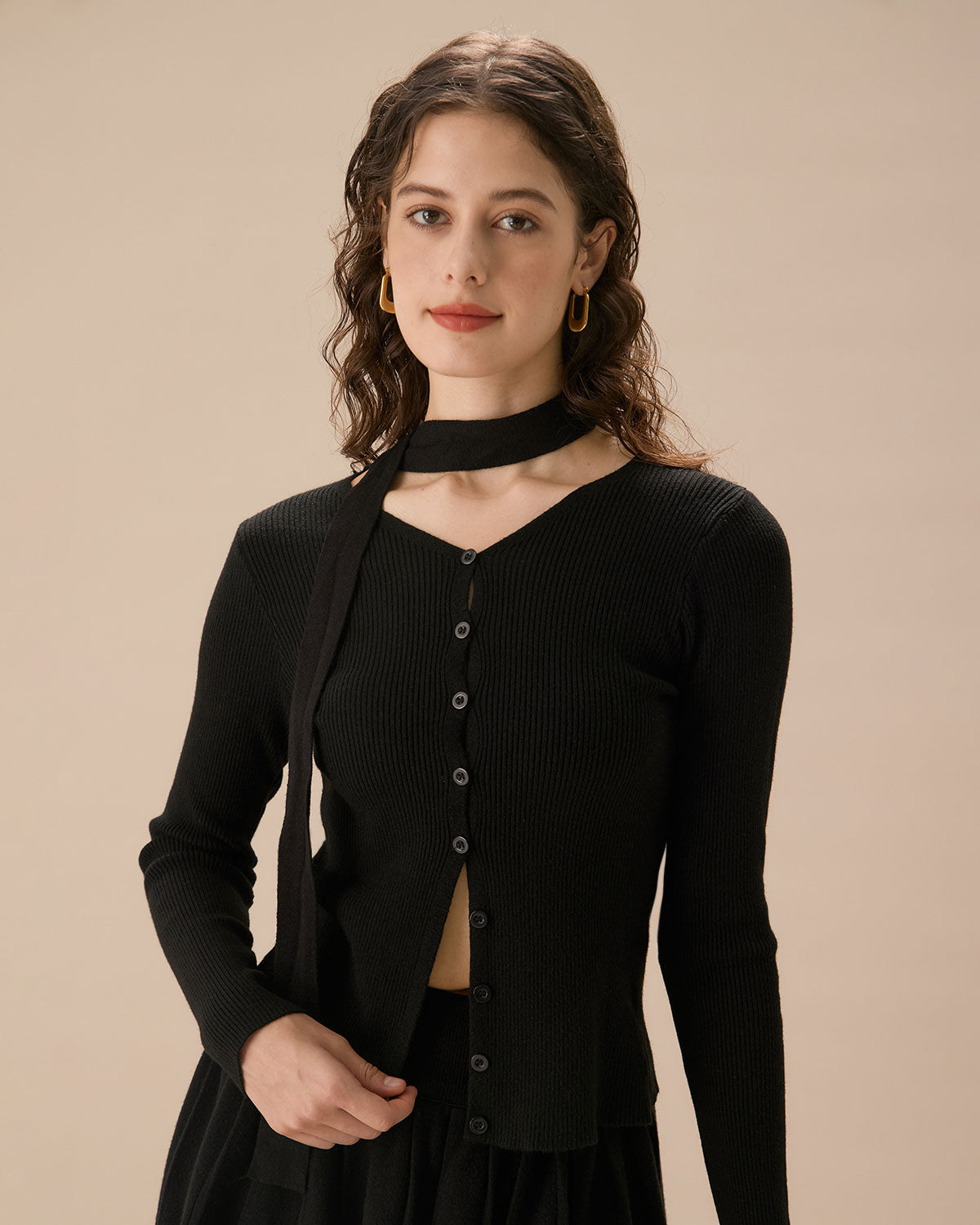 Black Ribbed Knit Slim Cardigan