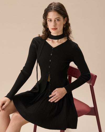 Black Ribbed Knit Slim Cardigan