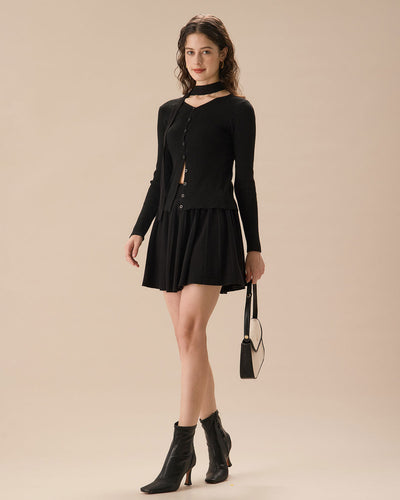 Black Ribbed Knit Slim Cardigan