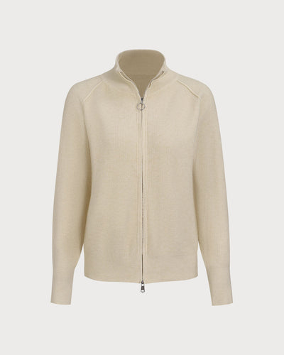 Apricot Ribbed Knit Zip-Up Cardigan