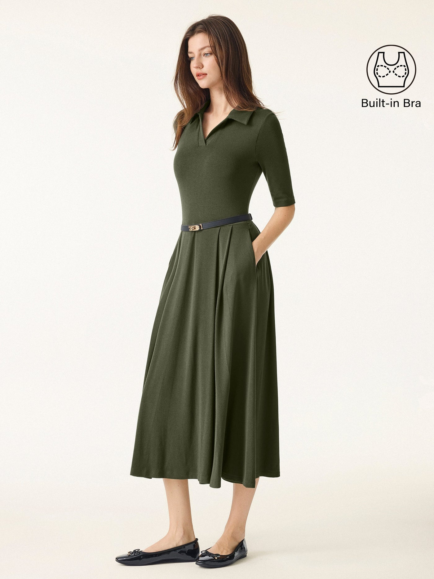 Polo Neck Elbow Length Sleeve Midi Brami Dress with Pockets