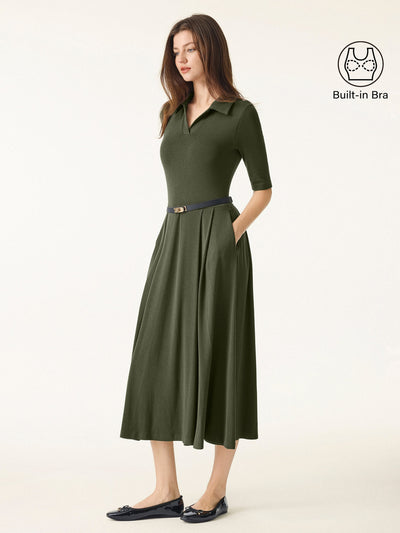 Polo Neck Elbow Length Sleeve Midi Brami Dress with Pockets