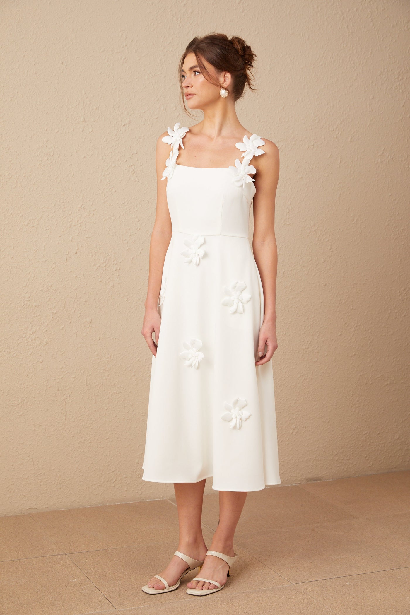 Ariane White Floral Square Neck Midi Dress