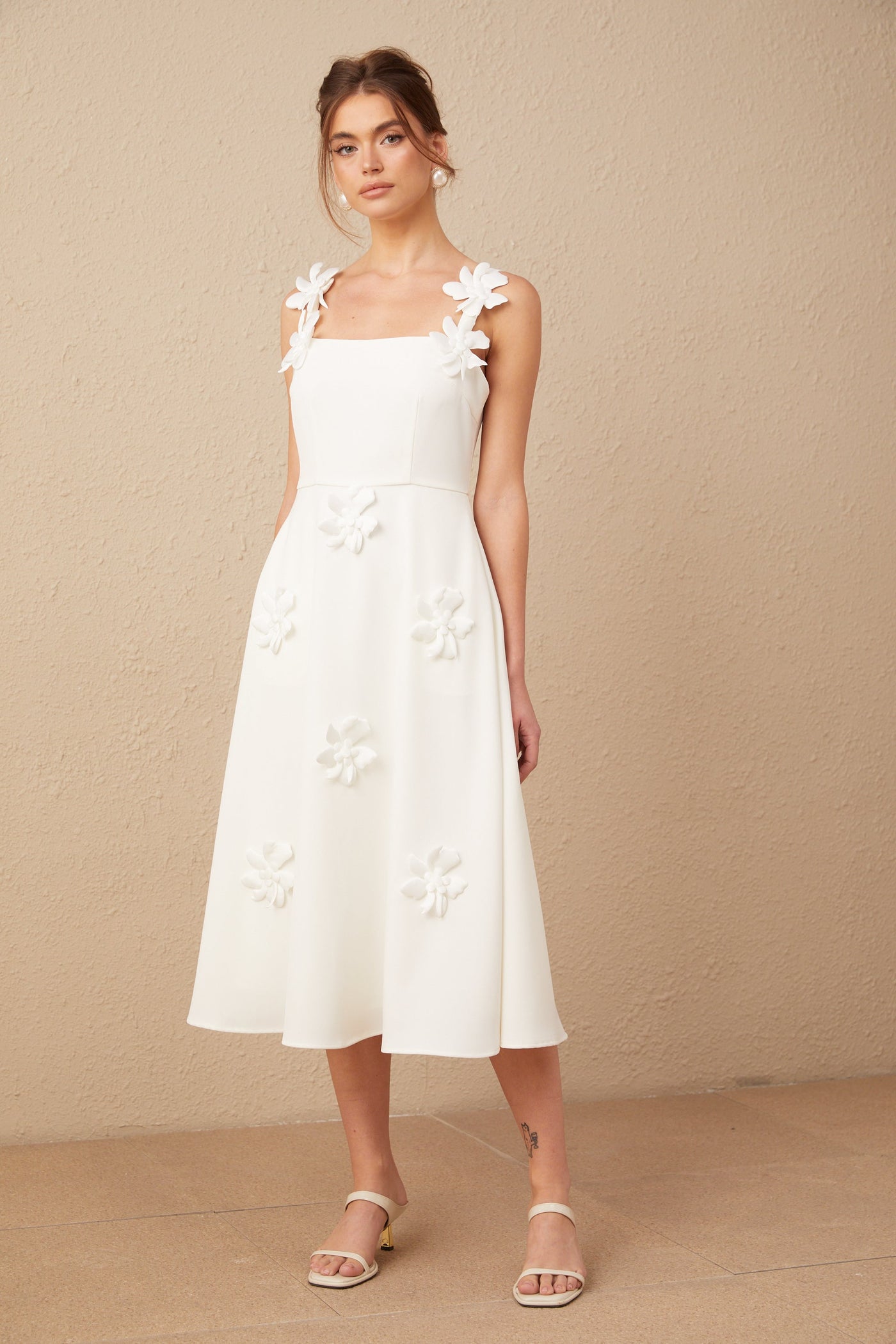 Ariane White Floral Square Neck Midi Dress