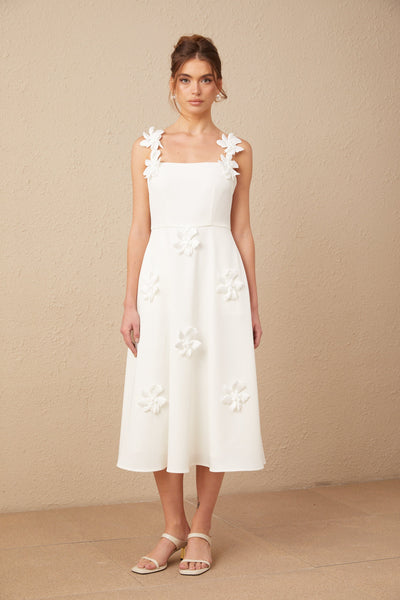 Ariane White Floral Square Neck Midi Dress