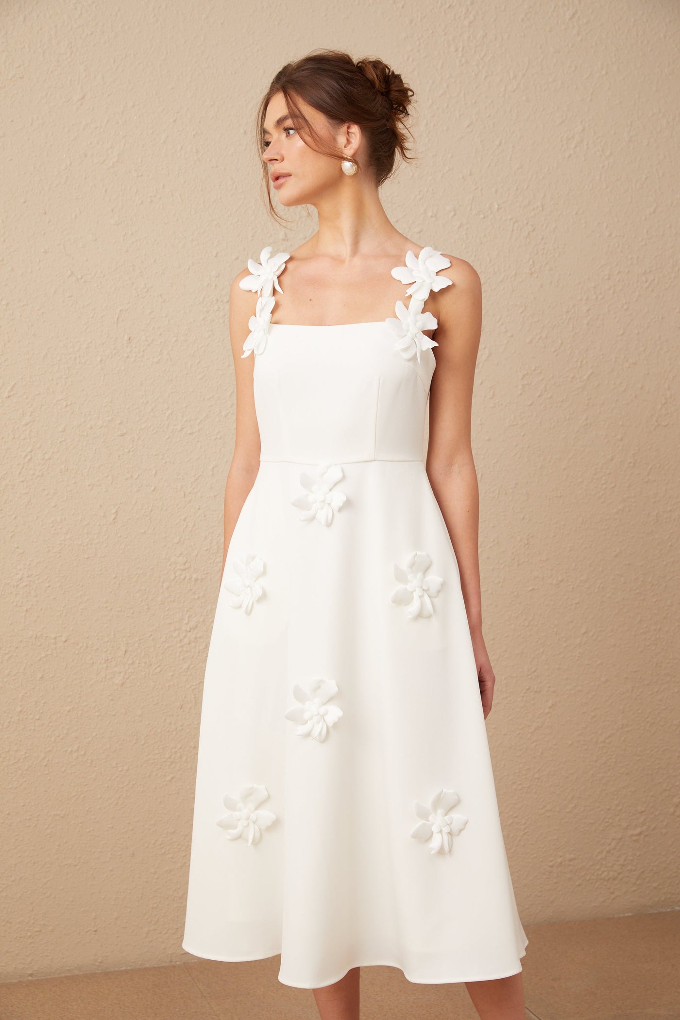 Ariane White Floral Square Neck Midi Dress