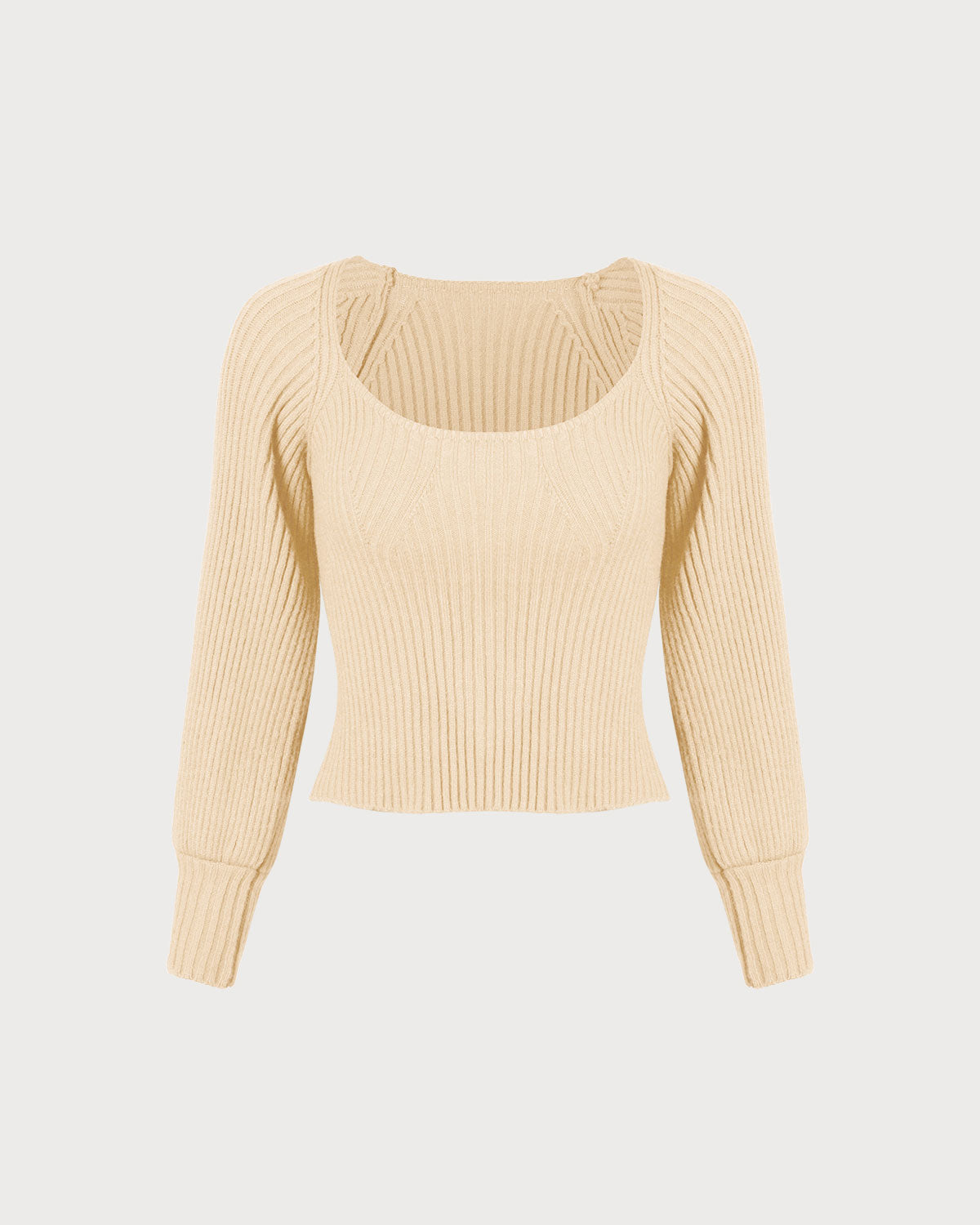 Beige Deep V-Neck Balloon Sleeve Sweater