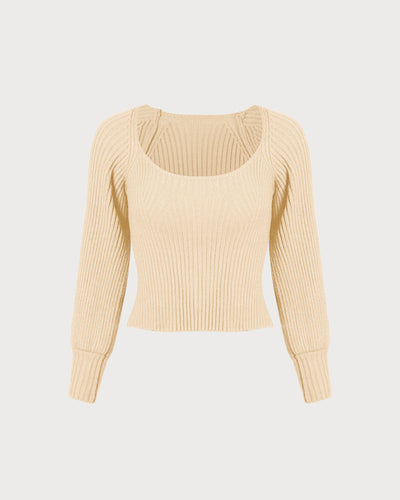 Beige Deep V-Neck Balloon Sleeve Sweater