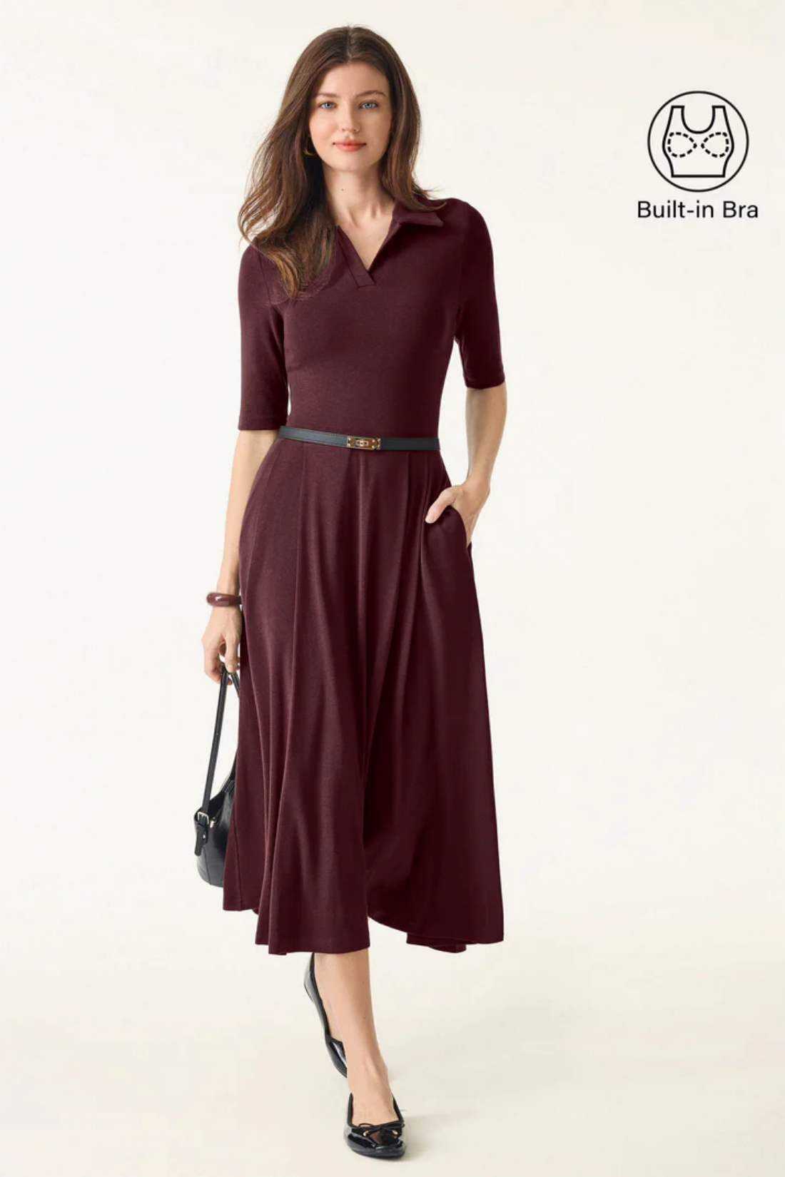Polo Neck Elbow Length Sleeve Midi Brami Dress with Pockets