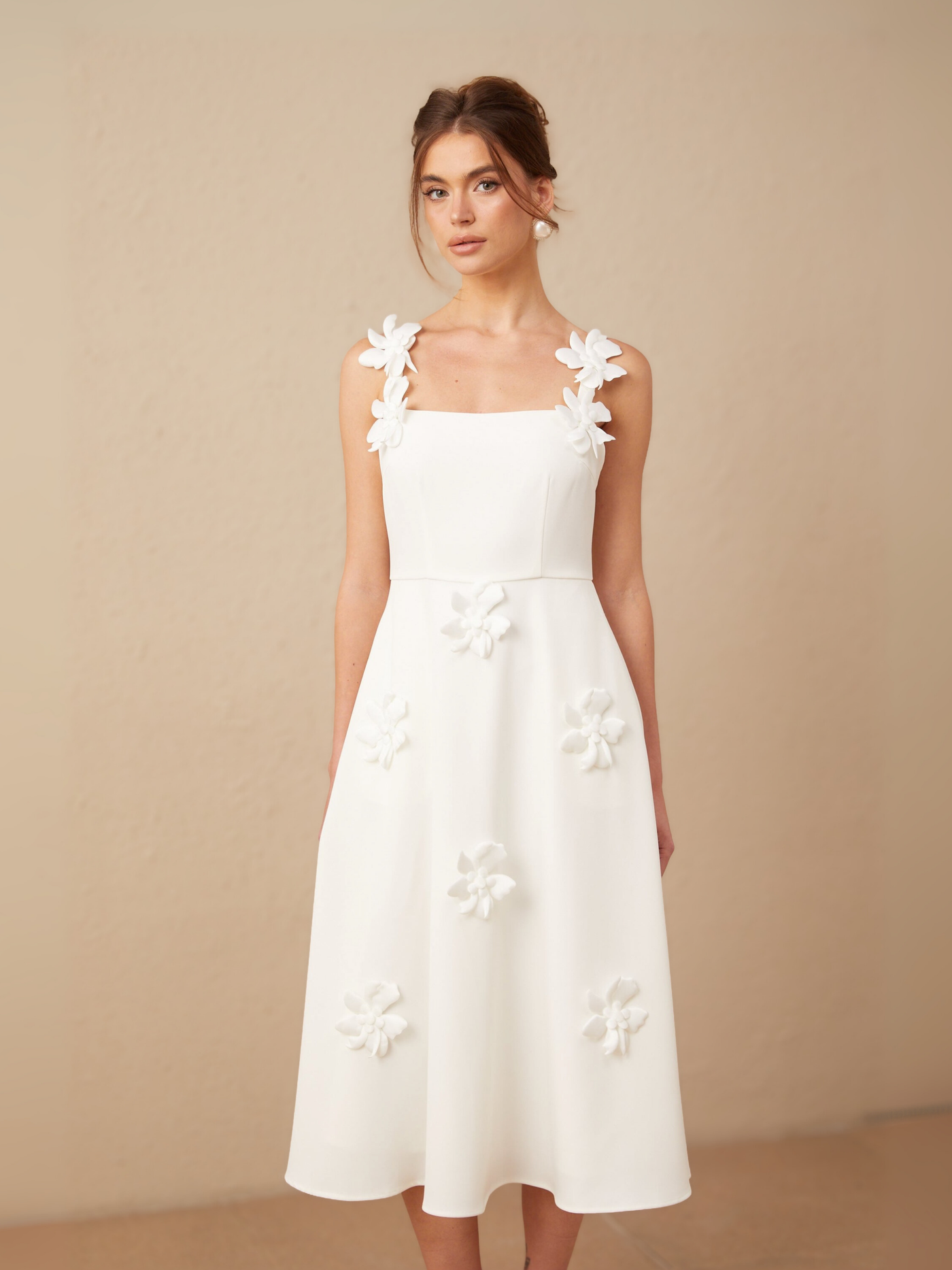 Ariane White Floral Square Neck Midi Dress