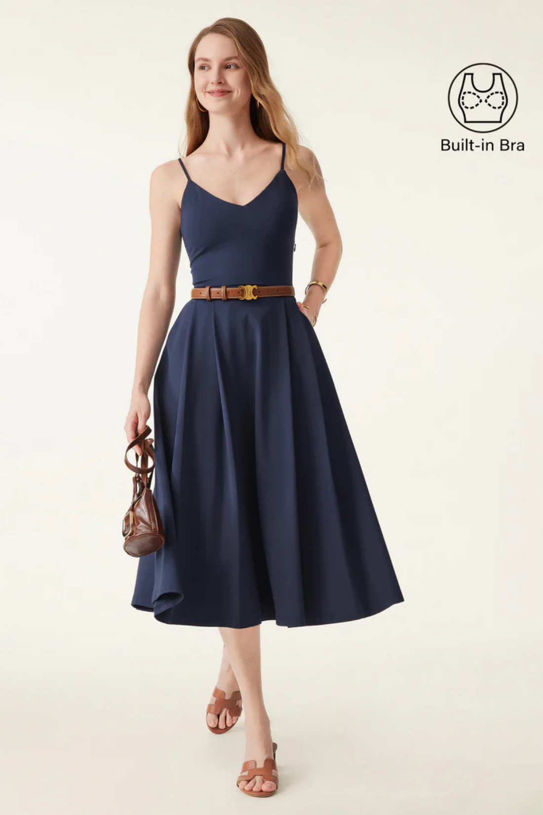 Bamboo Ponte V-neck Fit-and-flare Midi Brami Sundress with Pockets
