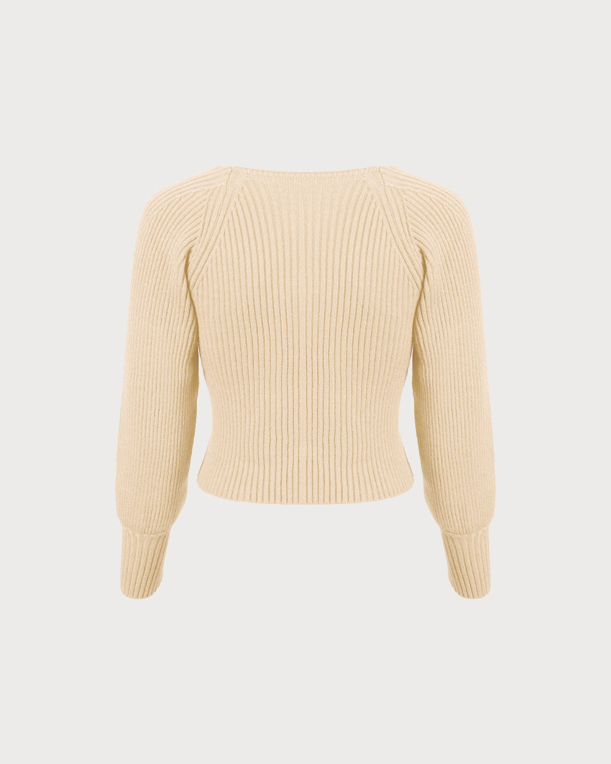 Beige Deep V-Neck Balloon Sleeve Sweater