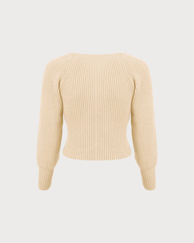 Beige Deep V-Neck Balloon Sleeve Sweater