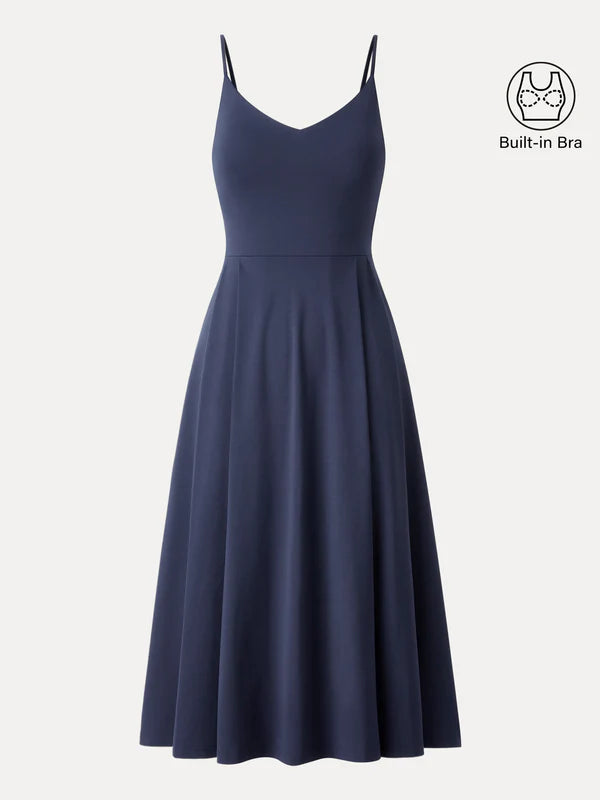 Bamboo Ponte V-neck Fit-and-flare Midi Brami Sundress with Pockets