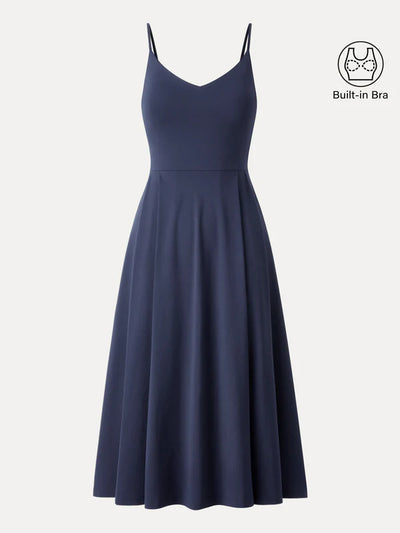 Bamboo Ponte V-neck Fit-and-flare Midi Brami Sundress with Pockets