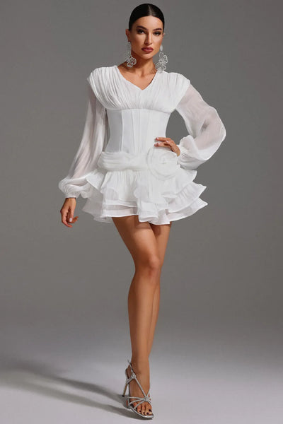 Gerasa Long Sleeve V-Neck Floral Ruffled Mini Dress