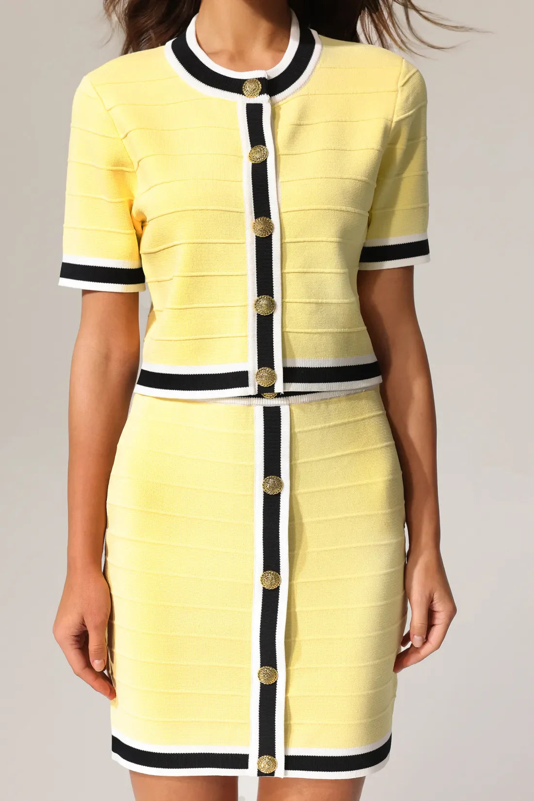 Terela Circular Neck Gold Button Top and Skirt Two-Piece Set