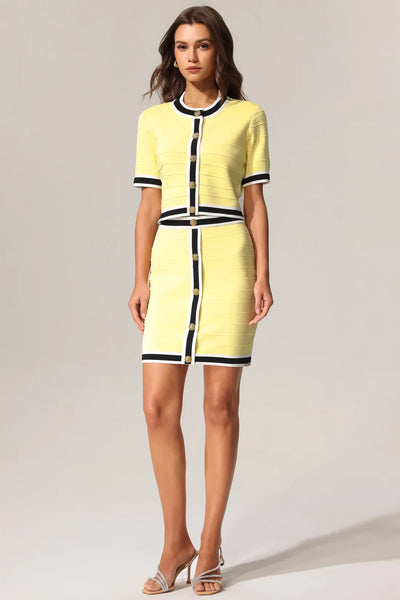 Terela Circular Neck Gold Button Top and Skirt Two-Piece Set