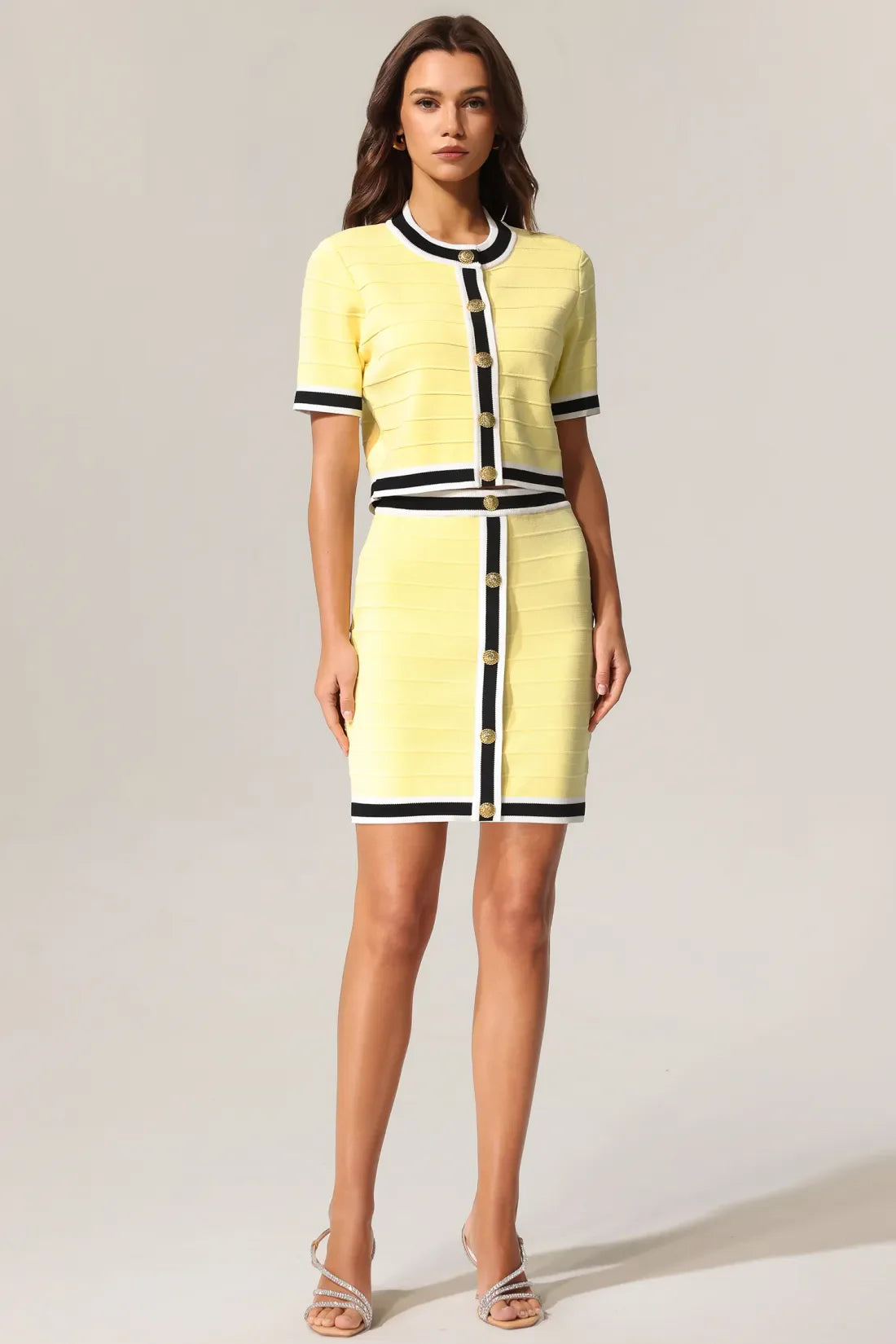 Terela Circular Neck Gold Button Top and Skirt Two-Piece Set