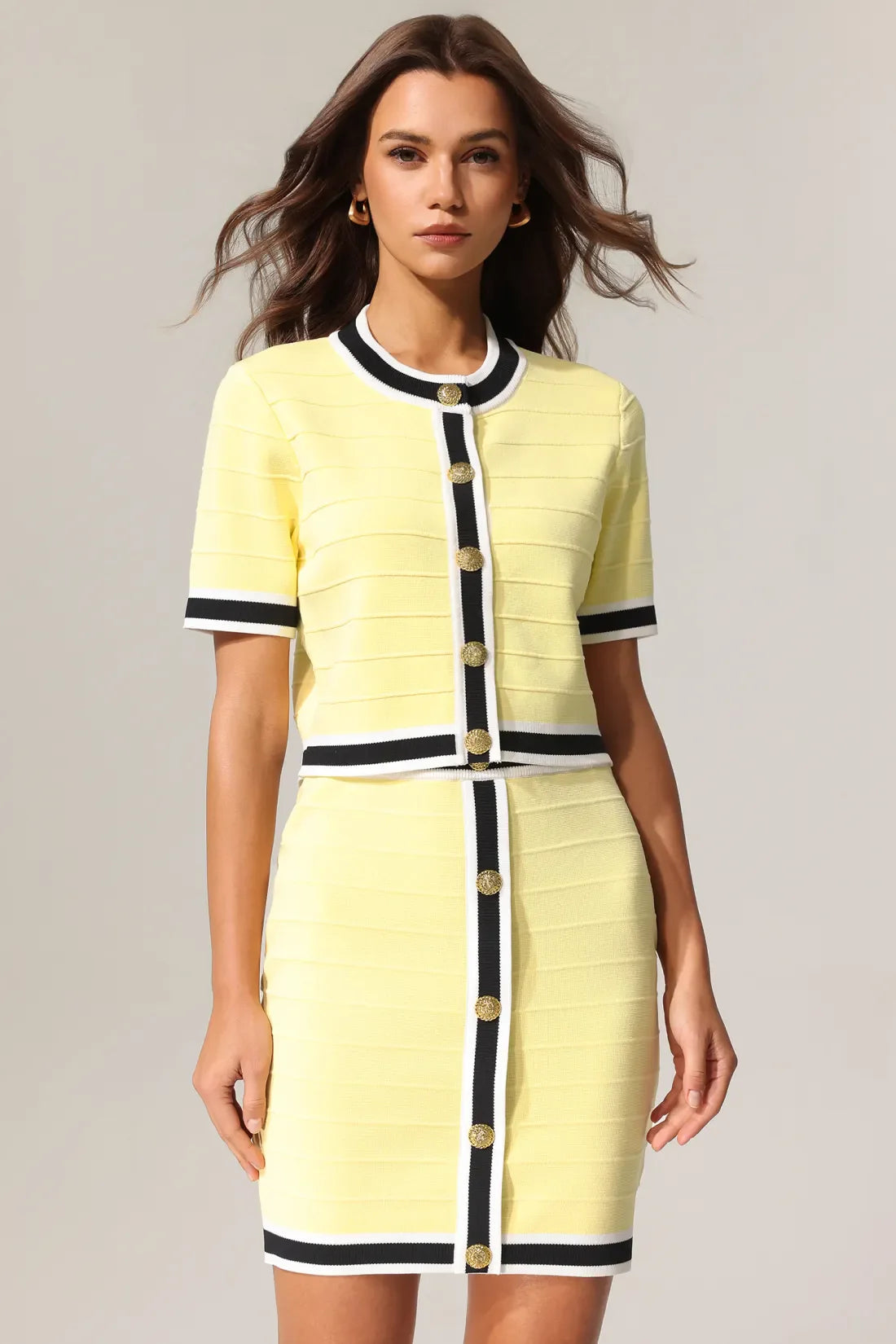 Terela Circular Neck Gold Button Top and Skirt Two-Piece Set
