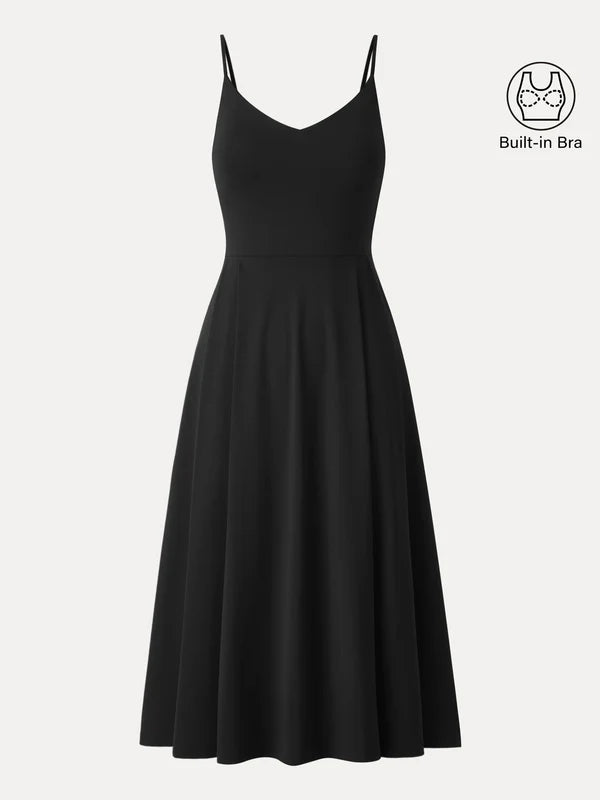 Bamboo Ponte V-neck Fit-and-flare Midi Brami Sundress with Pockets