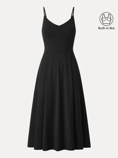 Bamboo Ponte V-neck Fit-and-flare Midi Brami Sundress with Pockets