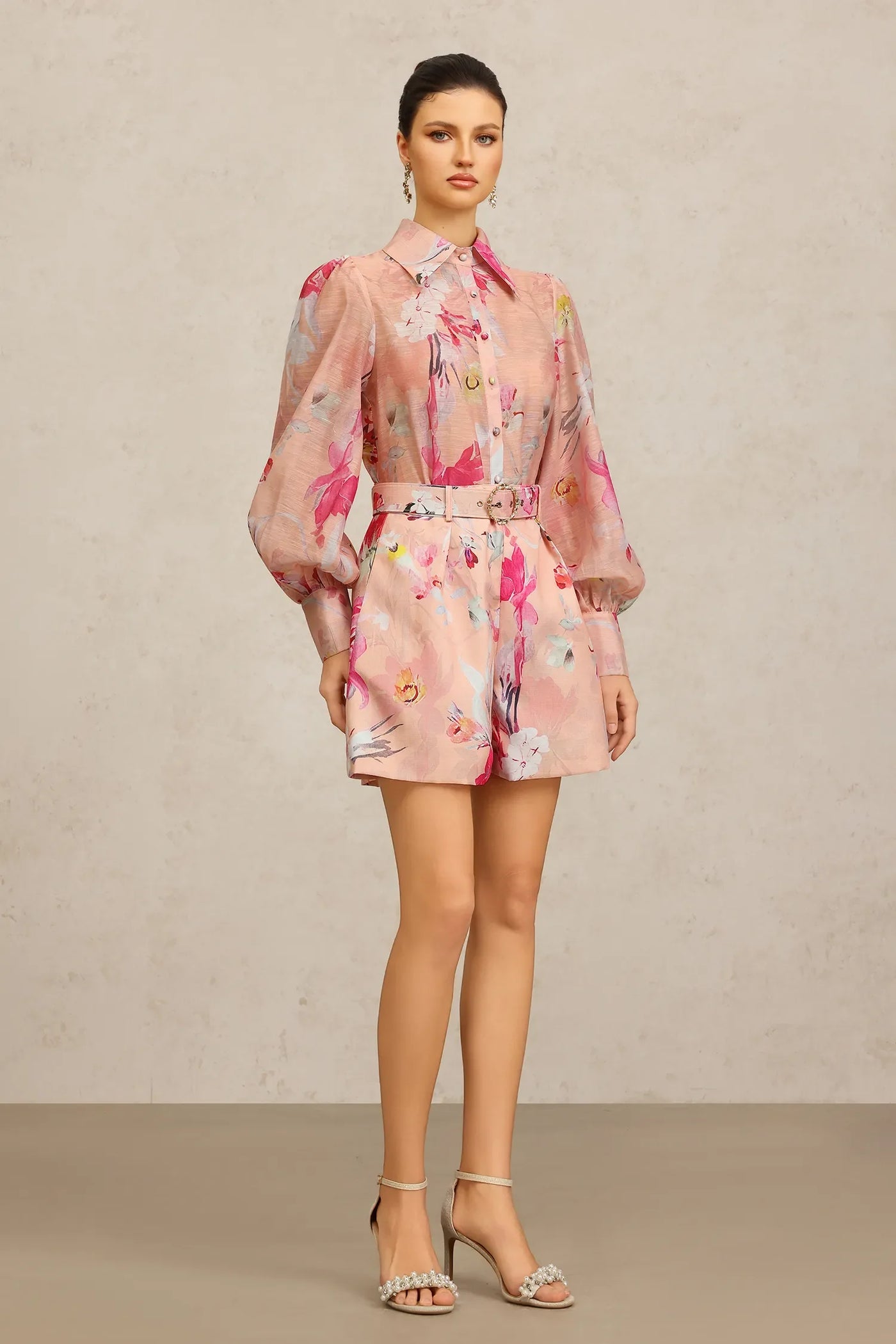 Jodinin Long Sleeve Floral Print Top and Shorts Two-Piece Set