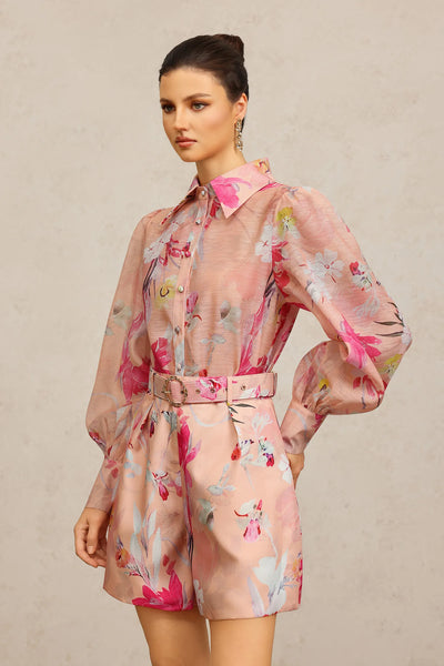 Jodinin Long Sleeve Floral Print Top and Shorts Two-Piece Set