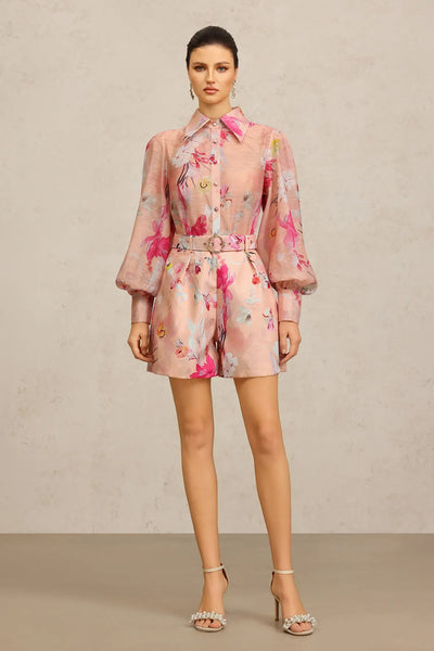 Jodinin Long Sleeve Floral Print Top and Shorts Two-Piece Set
