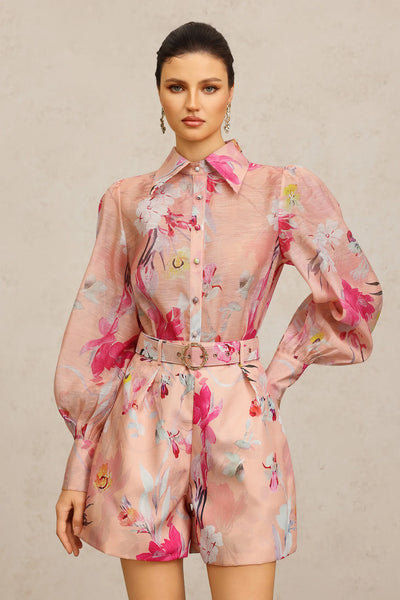 Jodinin Long Sleeve Floral Print Top and Shorts Two-Piece Set