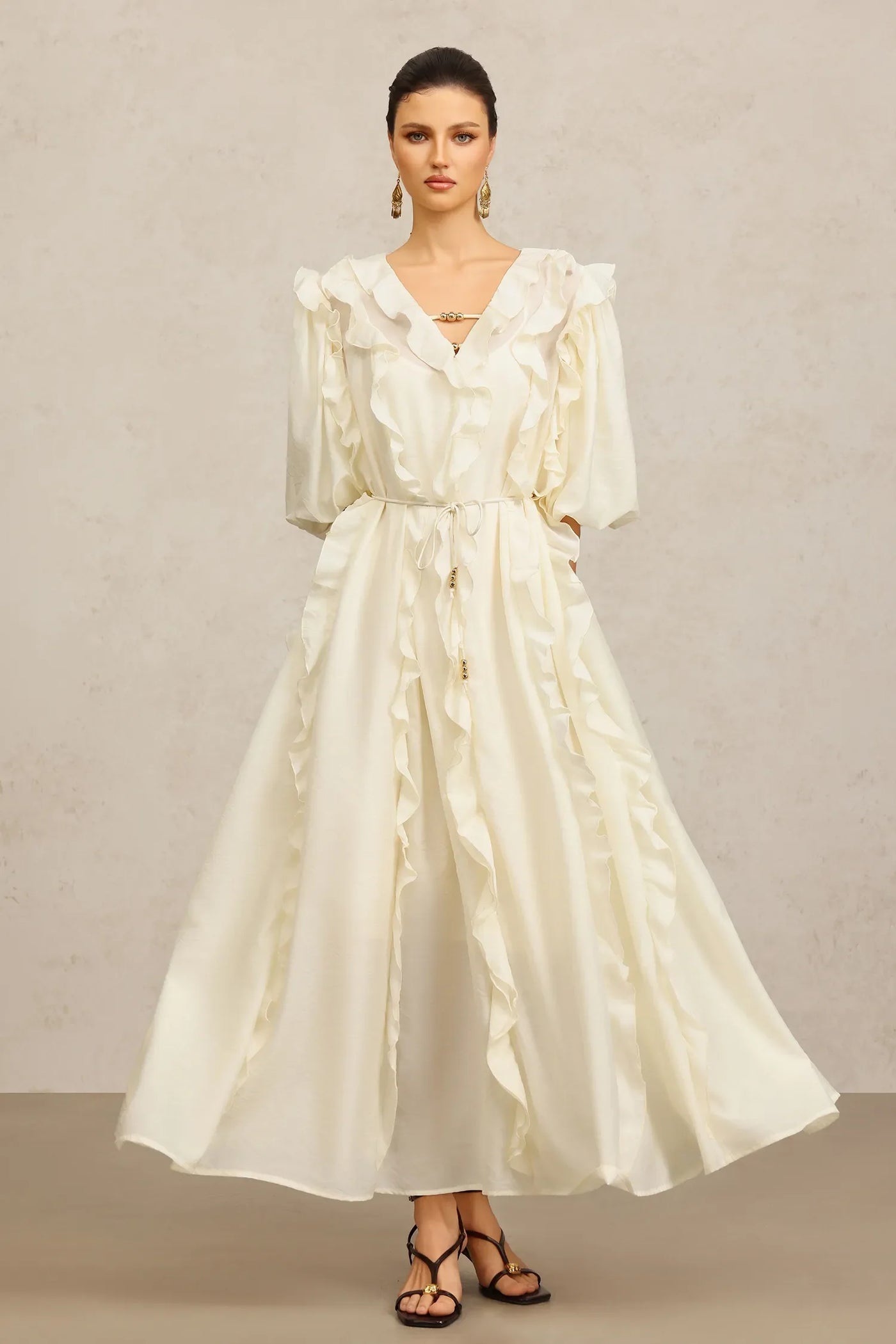 Wika Sleeve Accordion Beige Long Dress