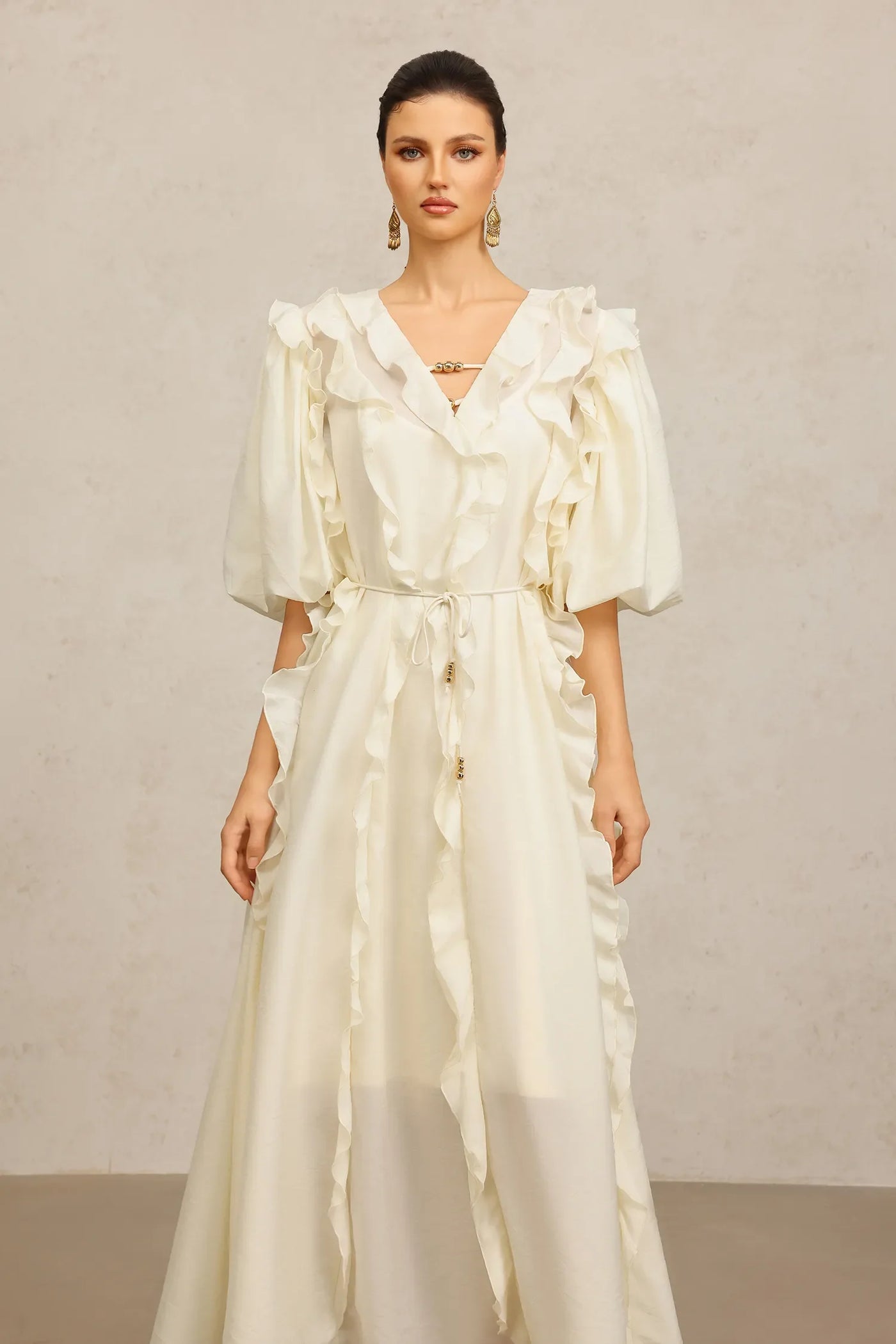 Wika Sleeve Accordion Beige Long Dress