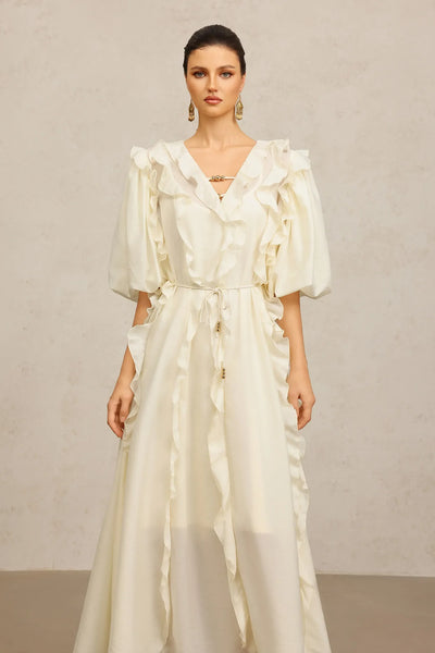 Wika Sleeve Accordion Beige Long Dress
