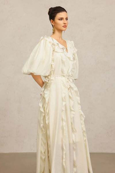 Wika Sleeve Accordion Beige Long Dress