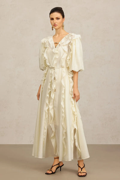 Wika Sleeve Accordion Beige Long Dress