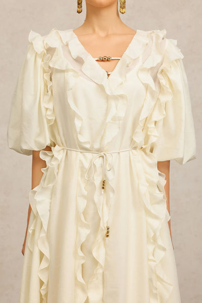 Wika Sleeve Accordion Beige Long Dress