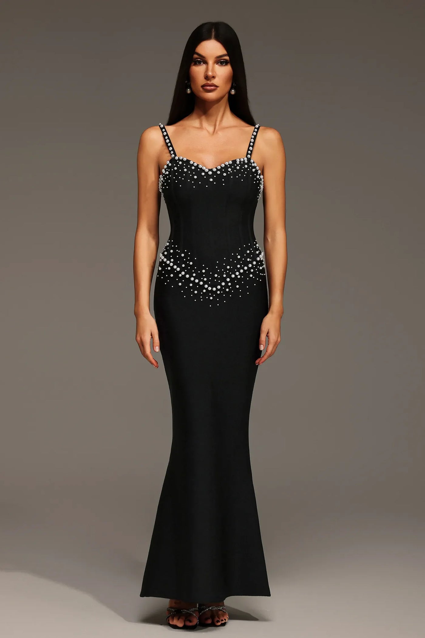 Myla Sleeveless V-Neck Dress with Diamond and Pearl Bandage Long Dress