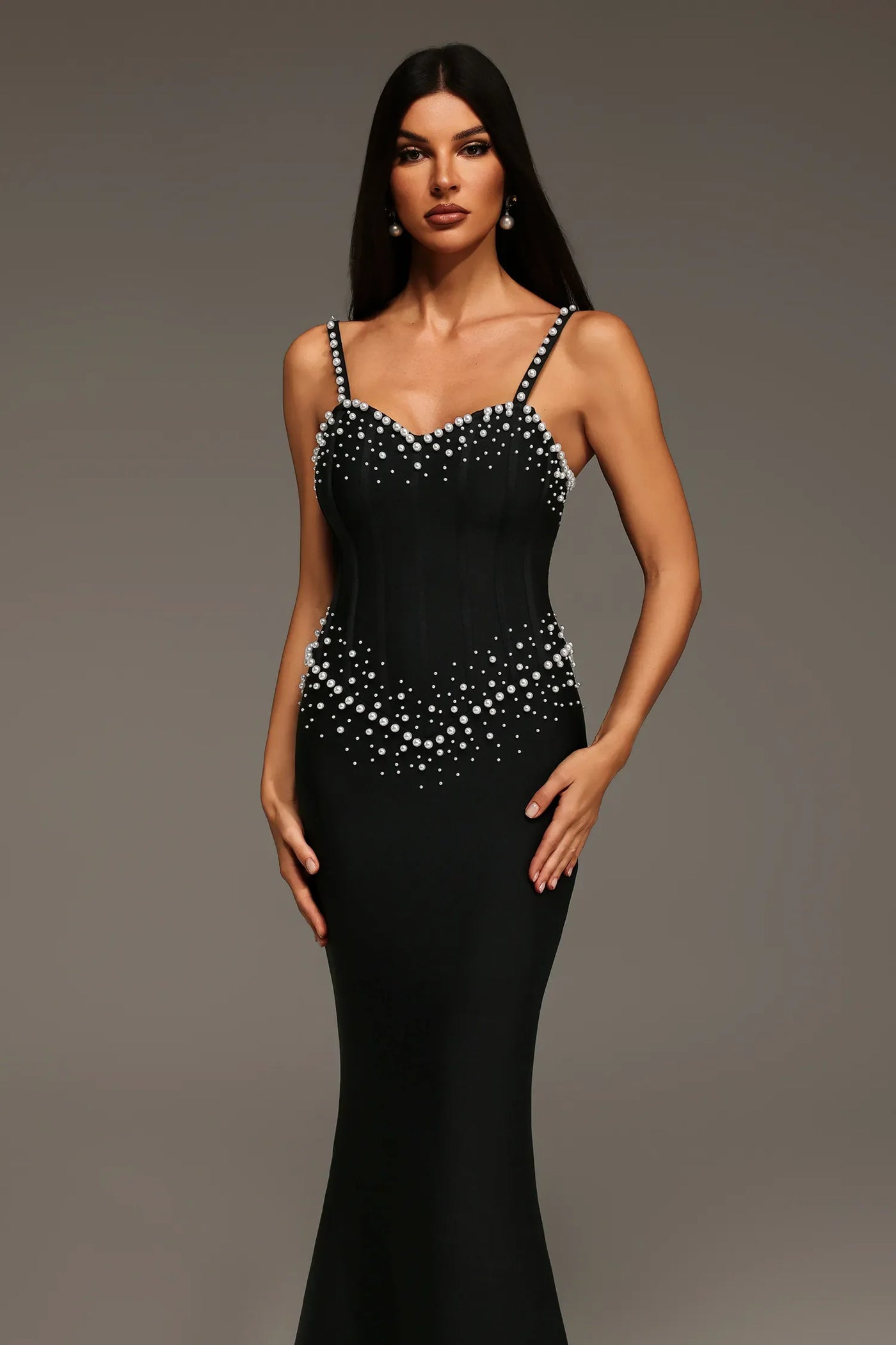 Myla Sleeveless V-Neck Dress with Diamond and Pearl Bandage Long Dress