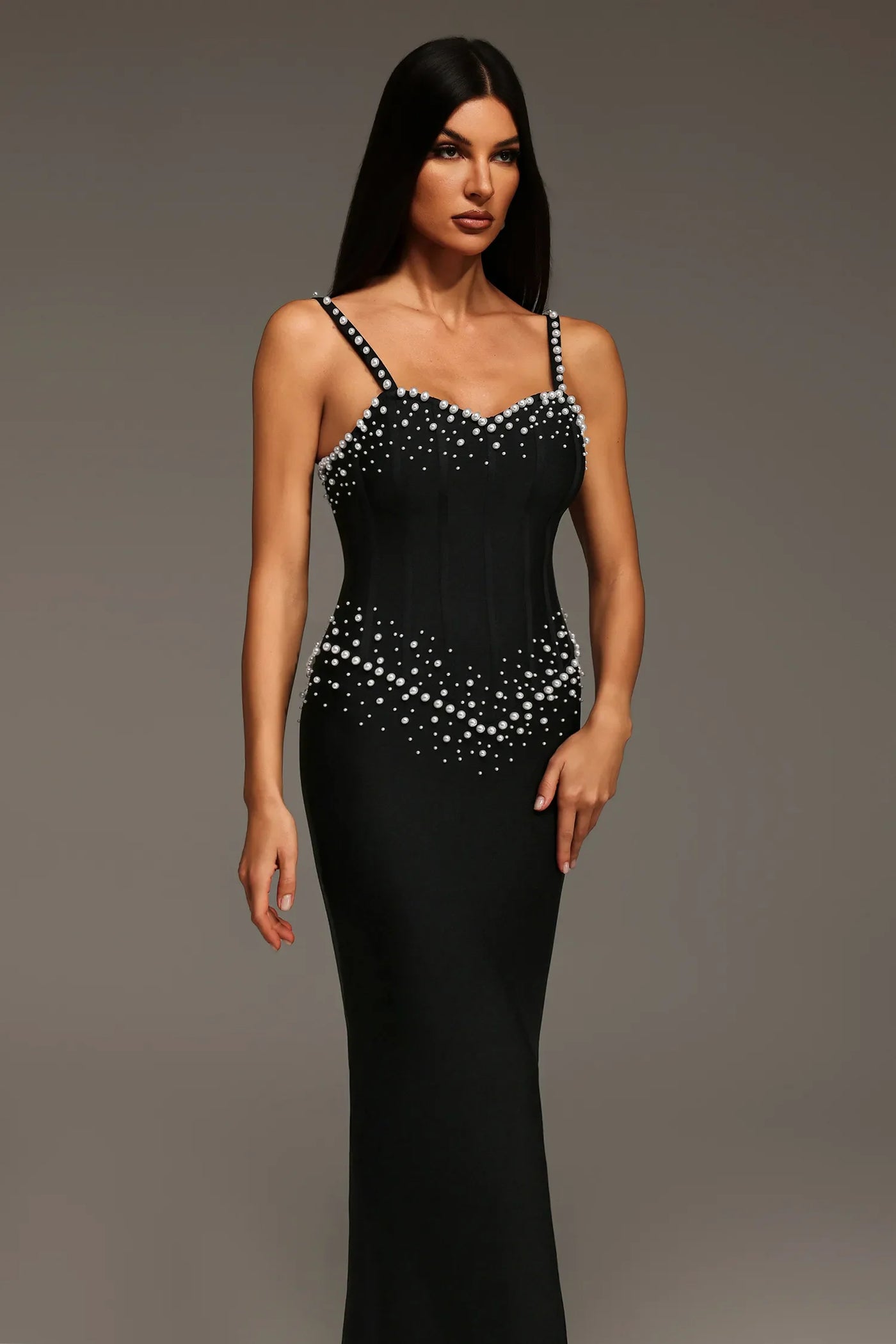 Myla Sleeveless V-Neck Dress with Diamond and Pearl Bandage Long Dress
