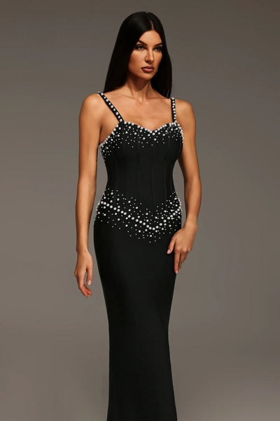 Myla Sleeveless V-Neck Dress with Diamond and Pearl Bandage Long Dress