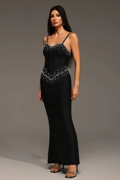 Myla Sleeveless V-Neck Dress with Diamond and Pearl Bandage Long Dress