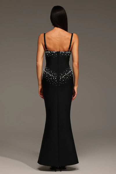 Myla Sleeveless V-Neck Dress with Diamond and Pearl Bandage Long Dress