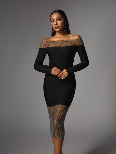 Akuna Shoulder Open Crystal Bandage Midi Dress